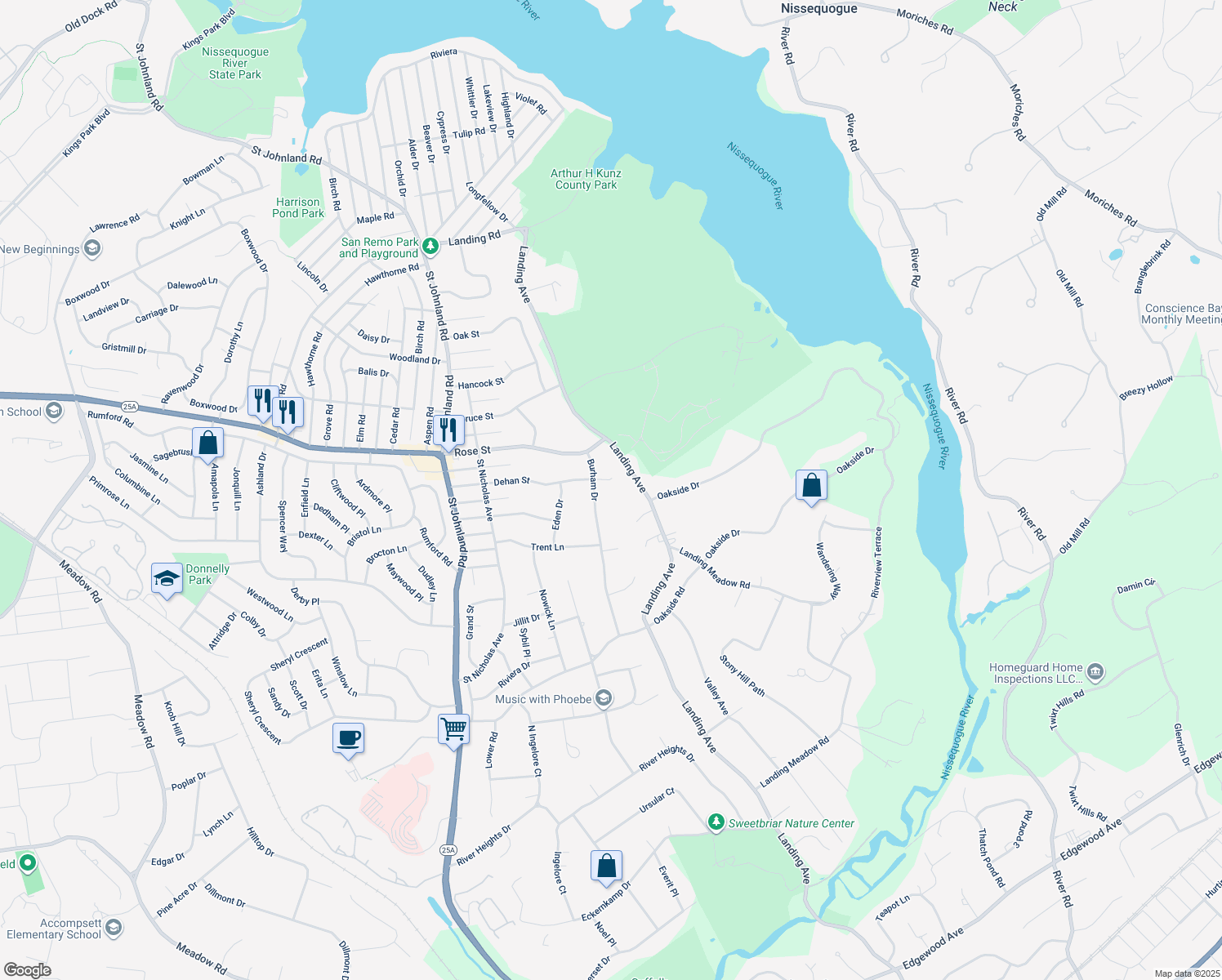 map of restaurants, bars, coffee shops, grocery stores, and more near 56 Dehan Street in Smithtown