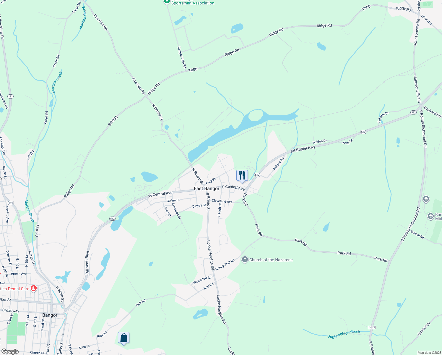 map of restaurants, bars, coffee shops, grocery stores, and more near 204 Bray Street in Bangor