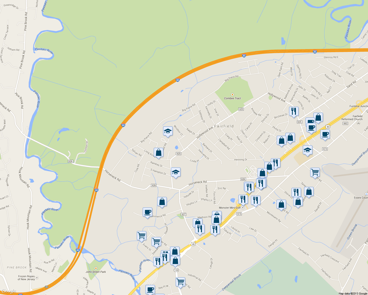 map of restaurants, bars, coffee shops, grocery stores, and more near 91 Hollywood Avenue in Fairfield