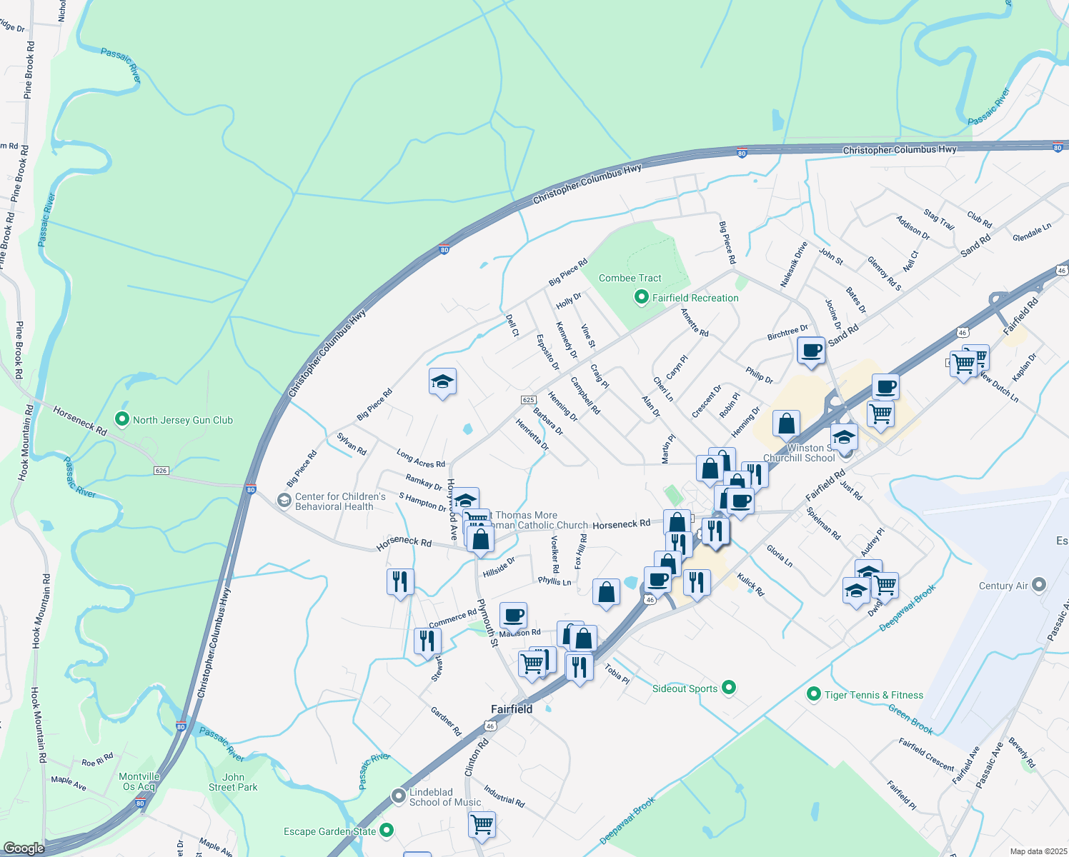 map of restaurants, bars, coffee shops, grocery stores, and more near 7 Henrietta Drive in Fairfield