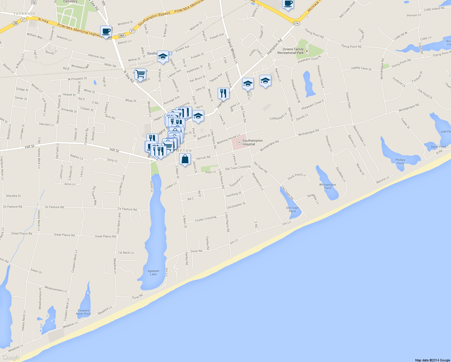 map of restaurants, bars, coffee shops, grocery stores, and more near 260 Little Plains Road in Southampton