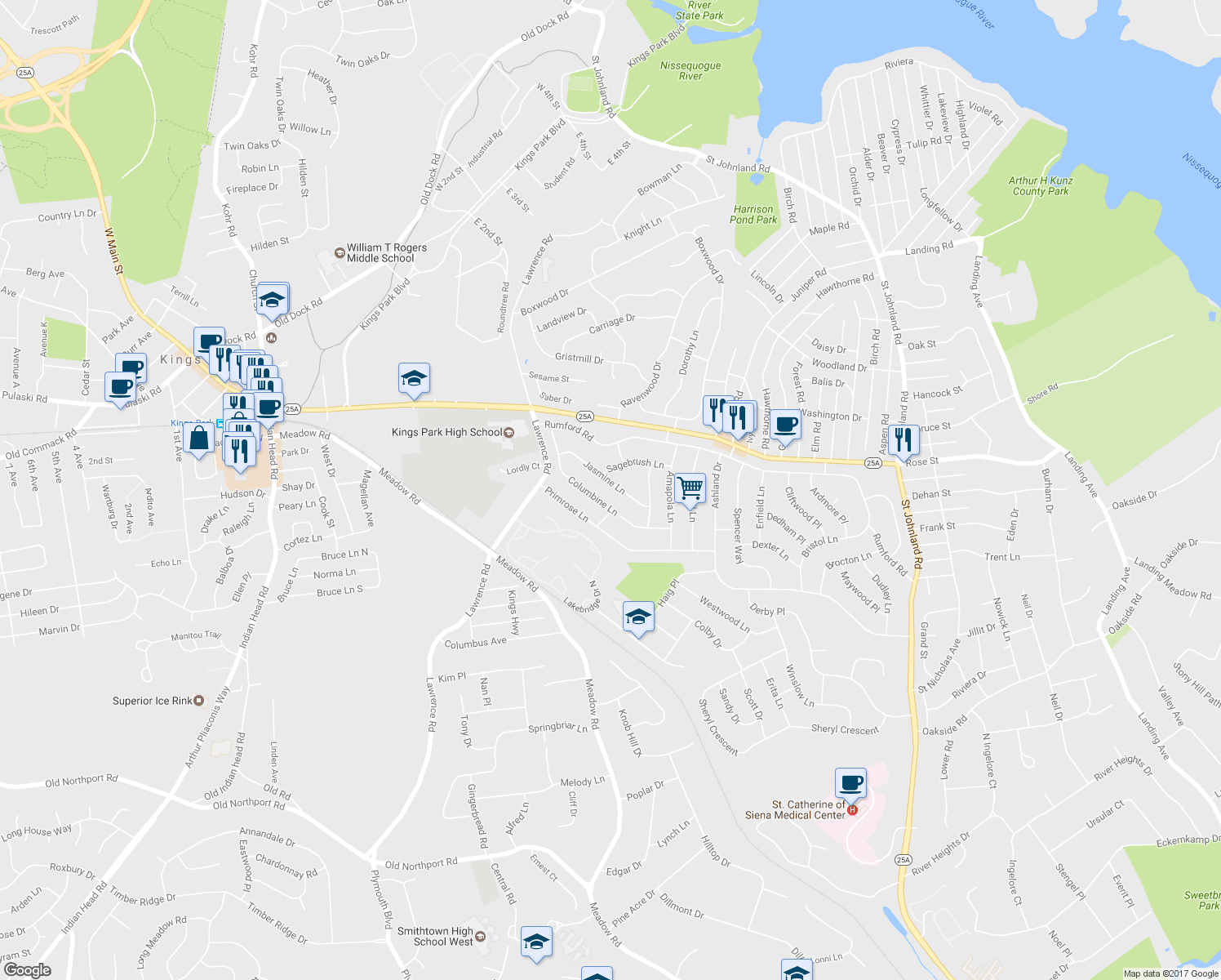 map of restaurants, bars, coffee shops, grocery stores, and more near 17 Jasmine Lane in Kings Park