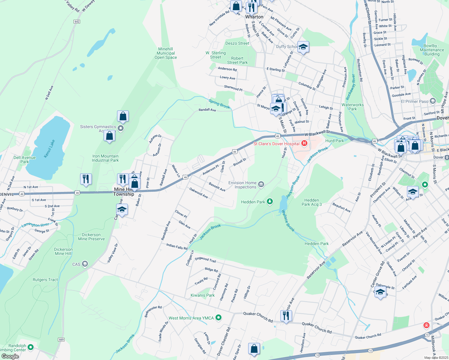 map of restaurants, bars, coffee shops, grocery stores, and more near 14 Park Avenue in Mine Hill Township