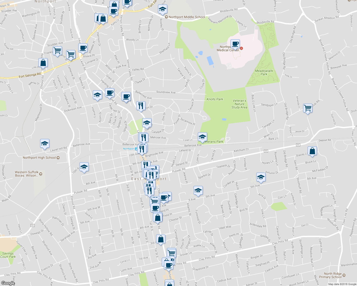 map of restaurants, bars, coffee shops, grocery stores, and more near 219 Bellerose Avenue in East Northport