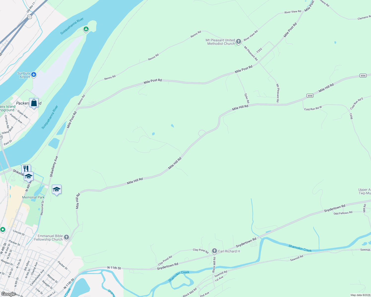 map of restaurants, bars, coffee shops, grocery stores, and more near Mile Hill Road in Sunbury