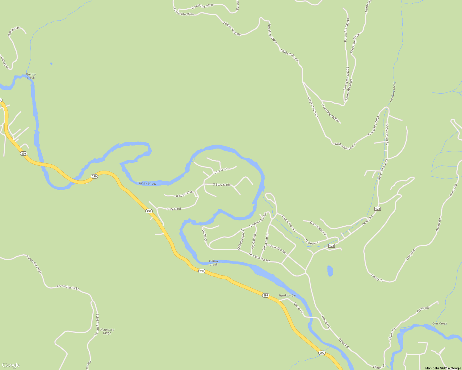 map of restaurants, bars, coffee shops, grocery stores, and more near South Suzy Q Road in Burnt Ranch