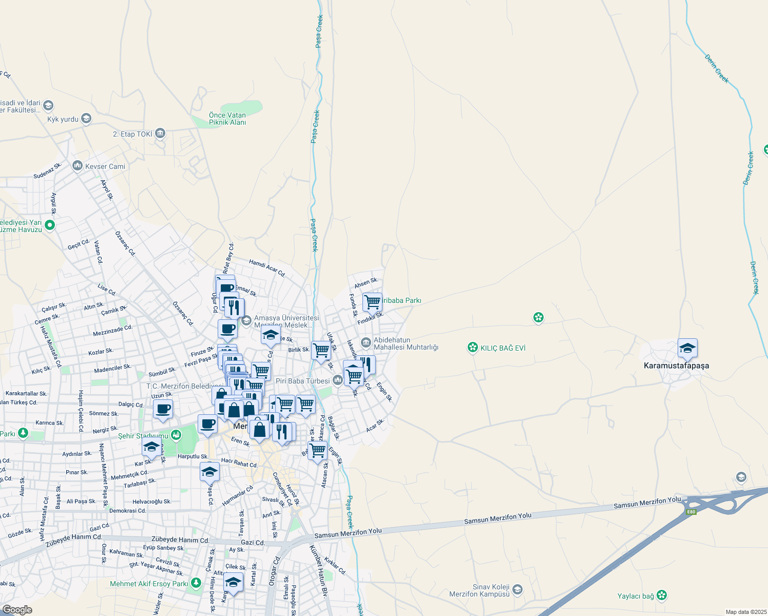 map of restaurants, bars, coffee shops, grocery stores, and more near in Merzifon