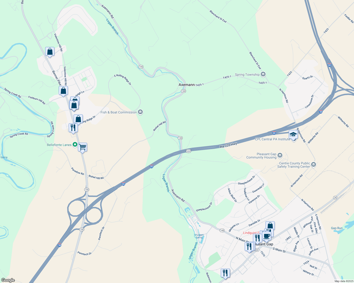 map of restaurants, bars, coffee shops, grocery stores, and more near 1010 Axemann Road in Bellefonte