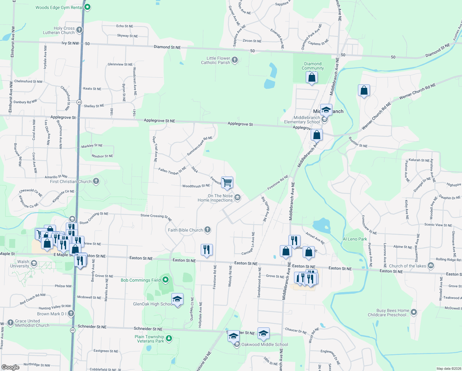 map of restaurants, bars, coffee shops, grocery stores, and more near 6910 Fenwick Avenue Northeast in Canton