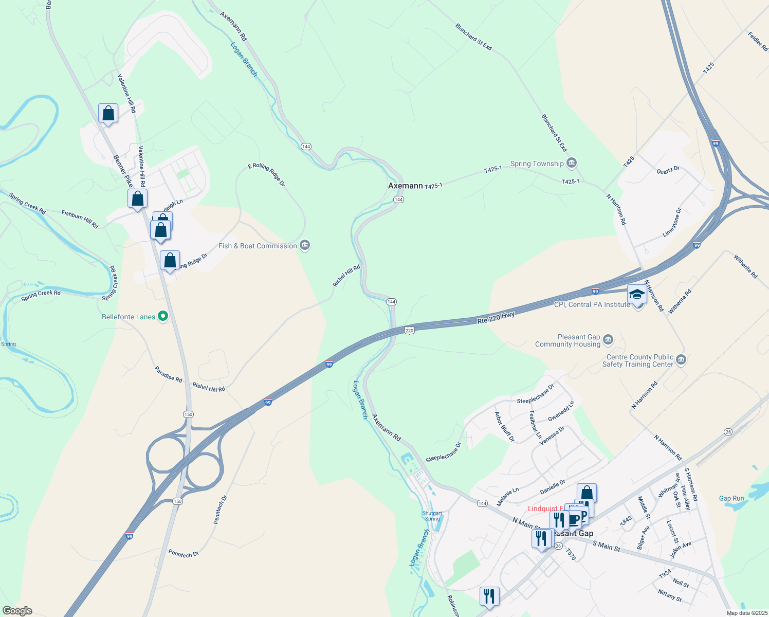 map of restaurants, bars, coffee shops, grocery stores, and more near 1010 Axemann Road in Bellefonte