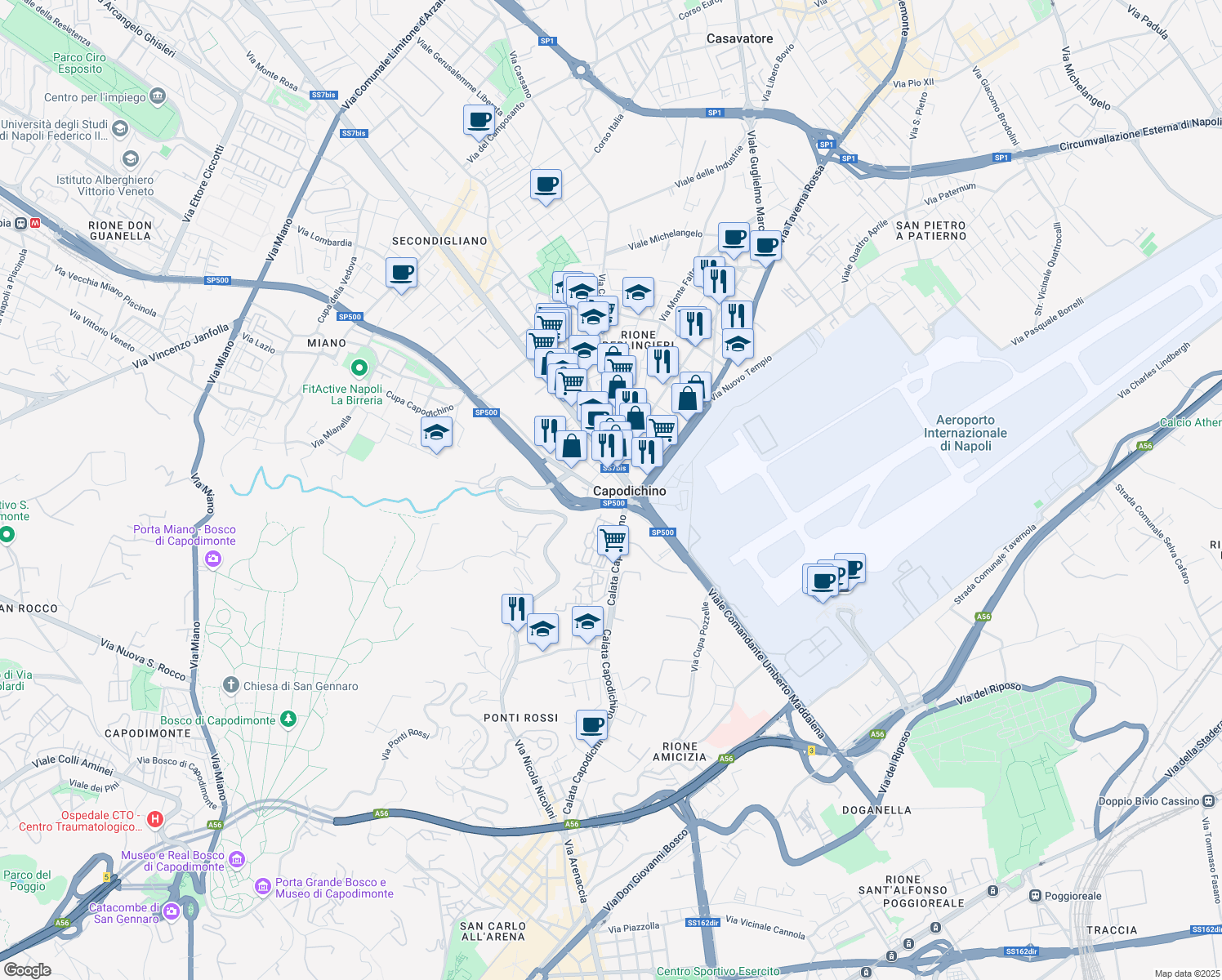 map of restaurants, bars, coffee shops, grocery stores, and more near 18 Via Comunale Vecchia di Miano in Napoli