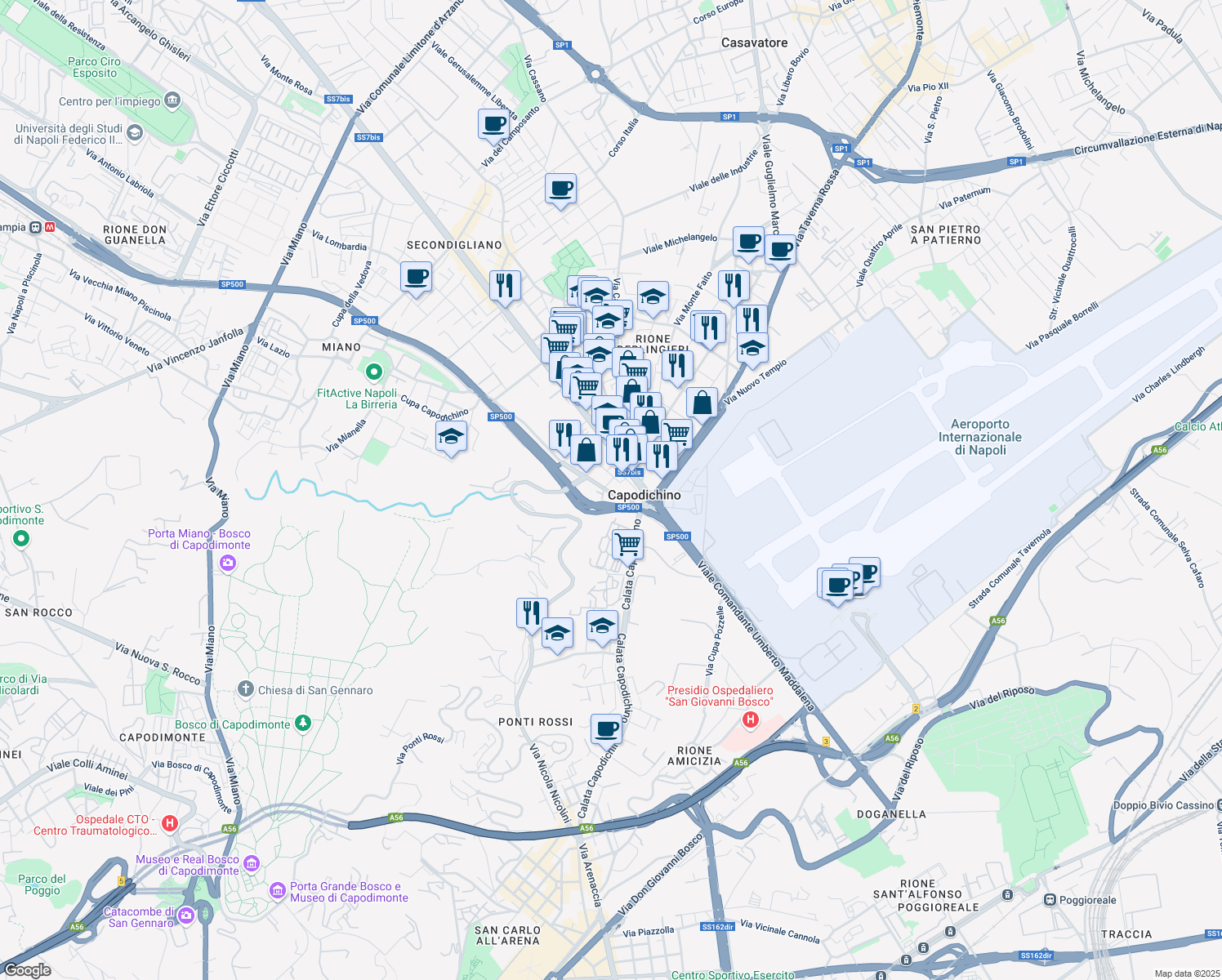 map of restaurants, bars, coffee shops, grocery stores, and more near 6-18 Via Comunale Vecchia di Miano in Napoli