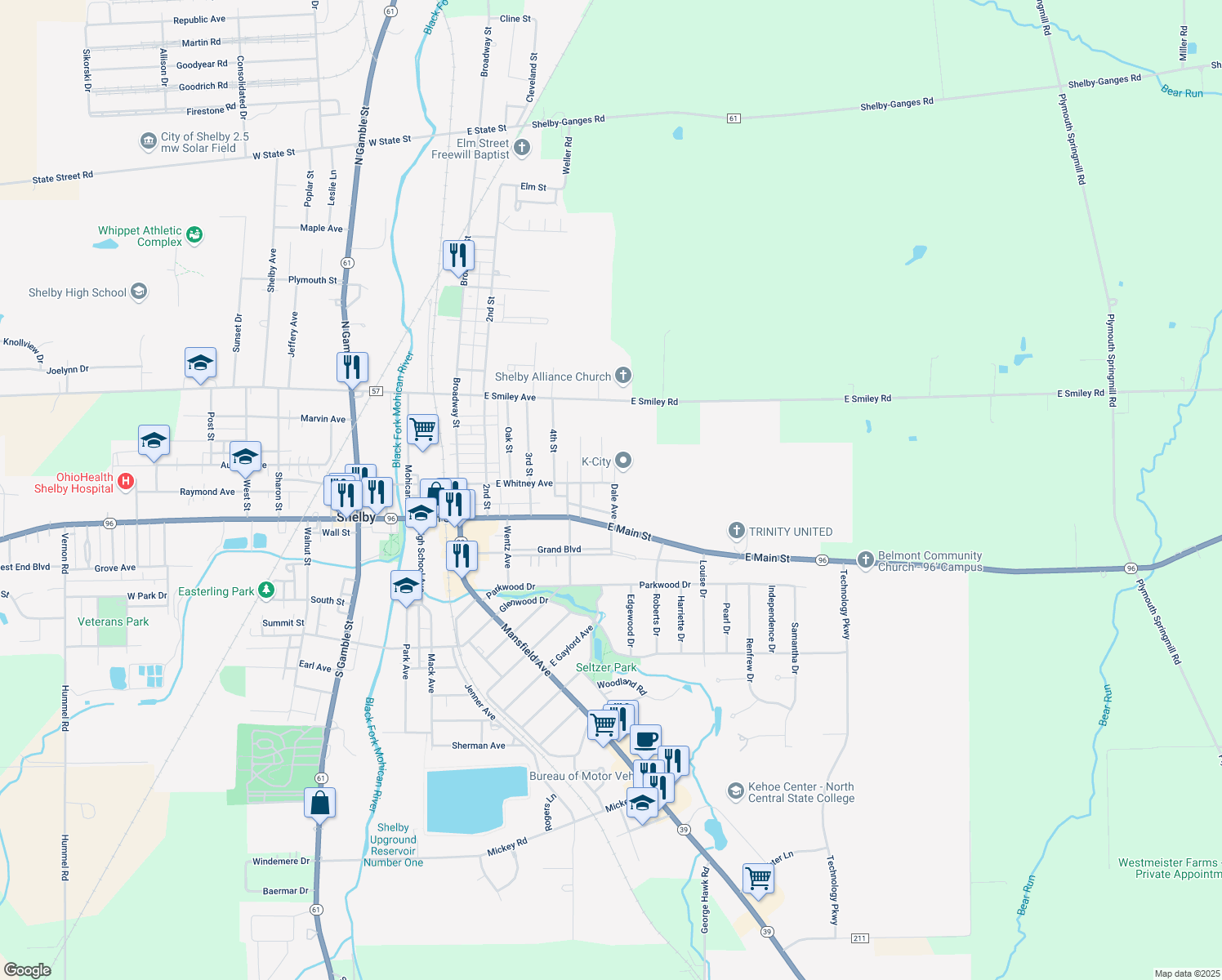 map of restaurants, bars, coffee shops, grocery stores, and more near 92 East Whitney Avenue in Shelby