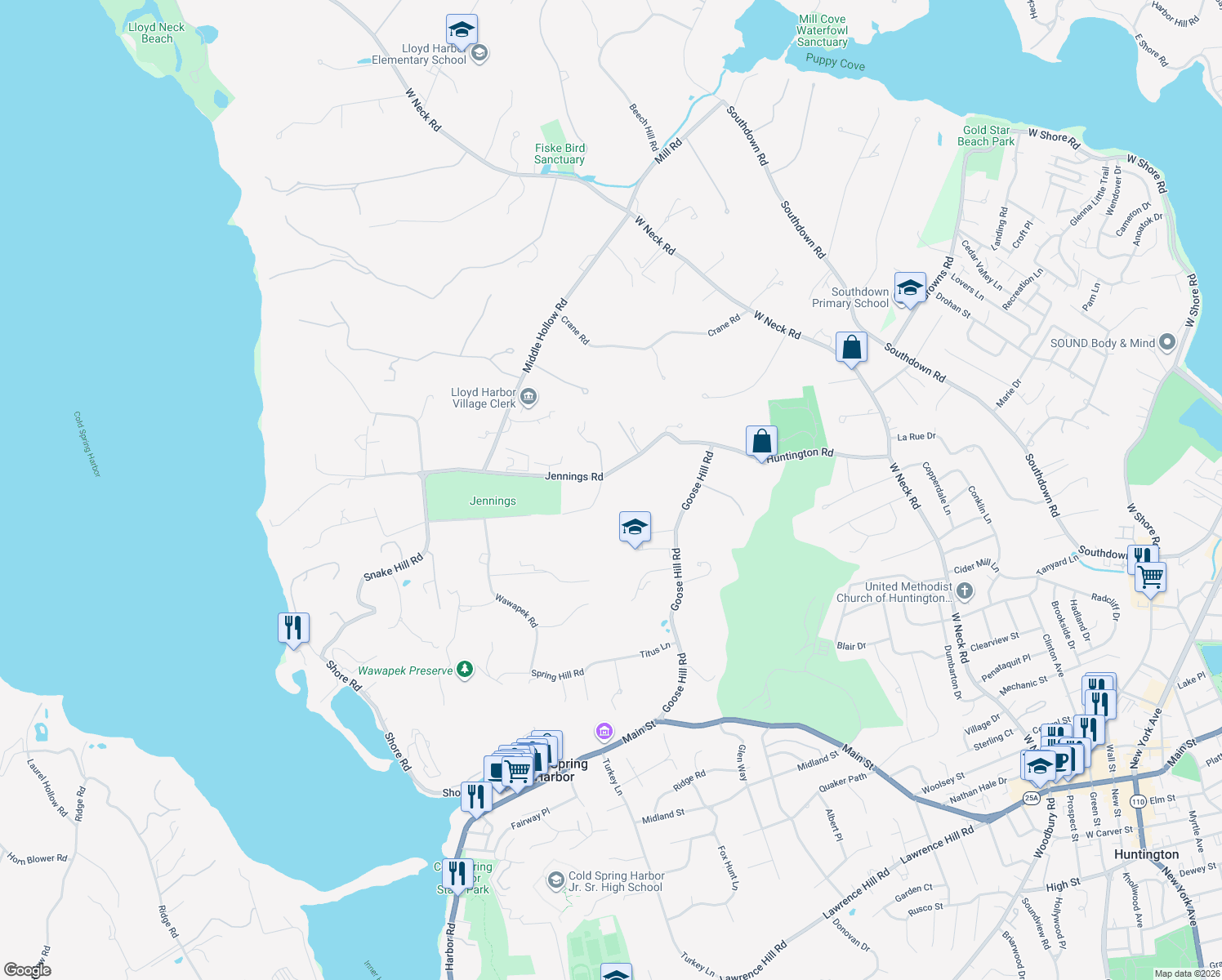 map of restaurants, bars, coffee shops, grocery stores, and more near 155 Jennings Road in Cold Spring Harbor