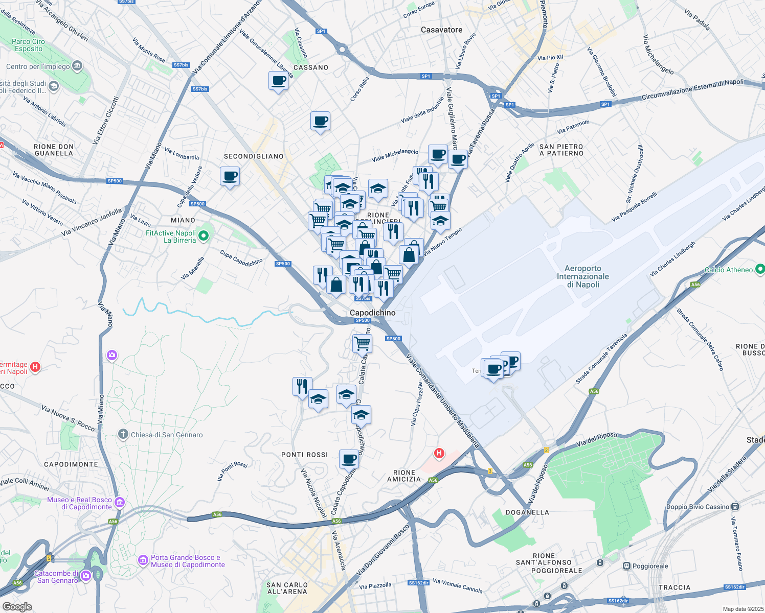 map of restaurants, bars, coffee shops, grocery stores, and more near 7 Via Francesco de Pinedo in Naples
