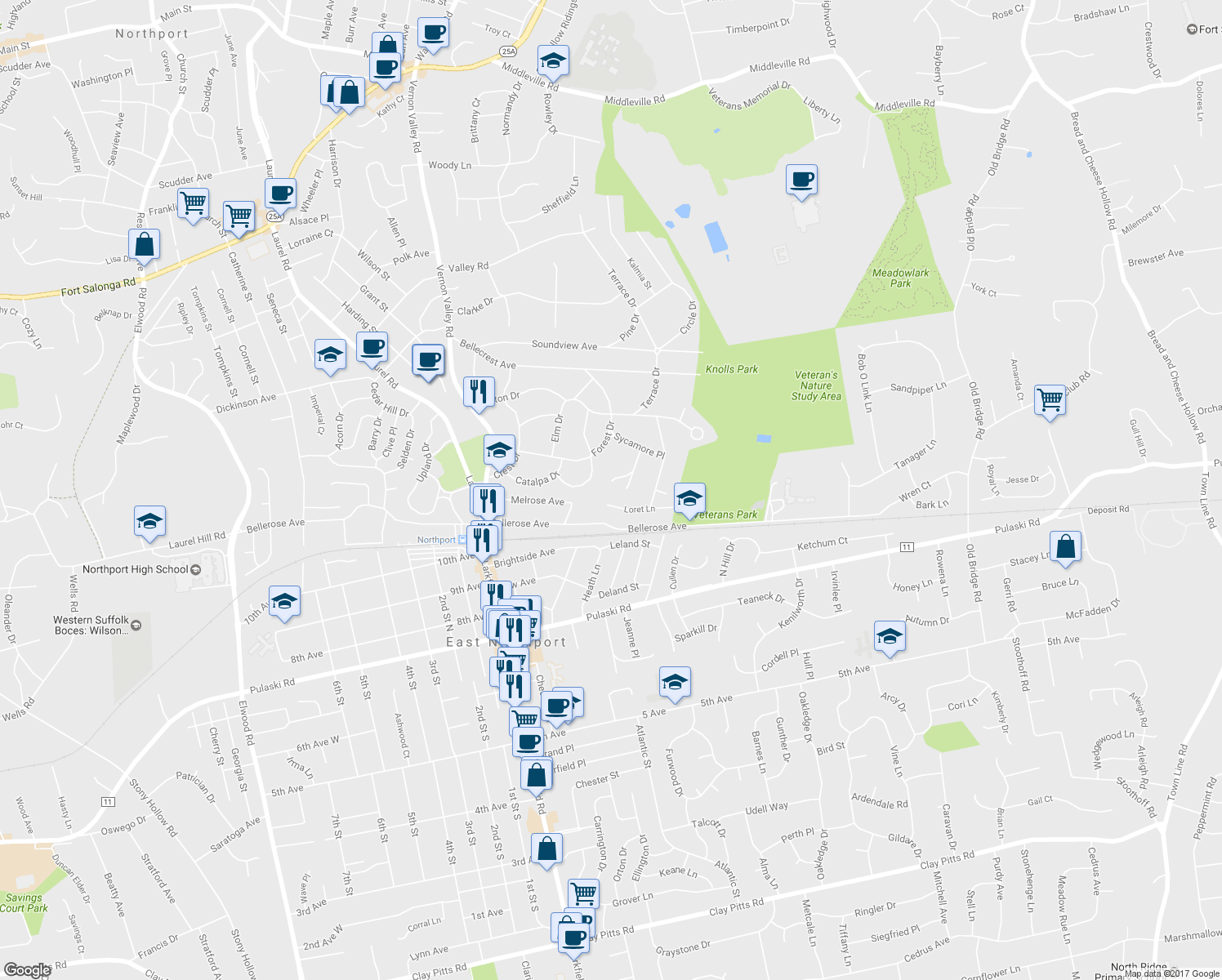 map of restaurants, bars, coffee shops, grocery stores, and more near 6 Joseph Court in East Northport