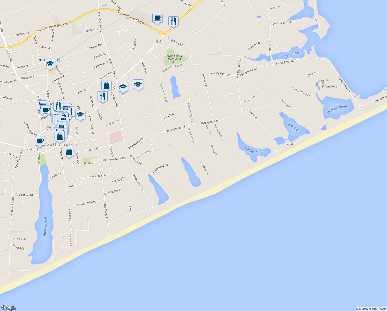 map of restaurants, bars, coffee shops, grocery stores, and more near 12 Squabble Lane in Southampton