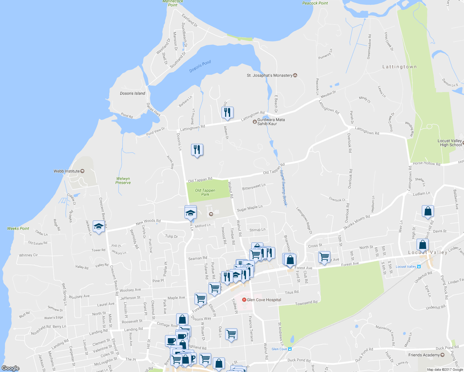 map of restaurants, bars, coffee shops, grocery stores, and more near 269 Walnut Road in Glen Cove