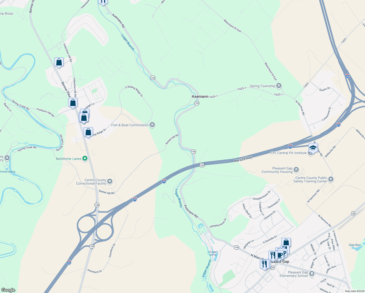 map of restaurants, bars, coffee shops, grocery stores, and more near 1000-1230 Axemann Road in Bellefonte