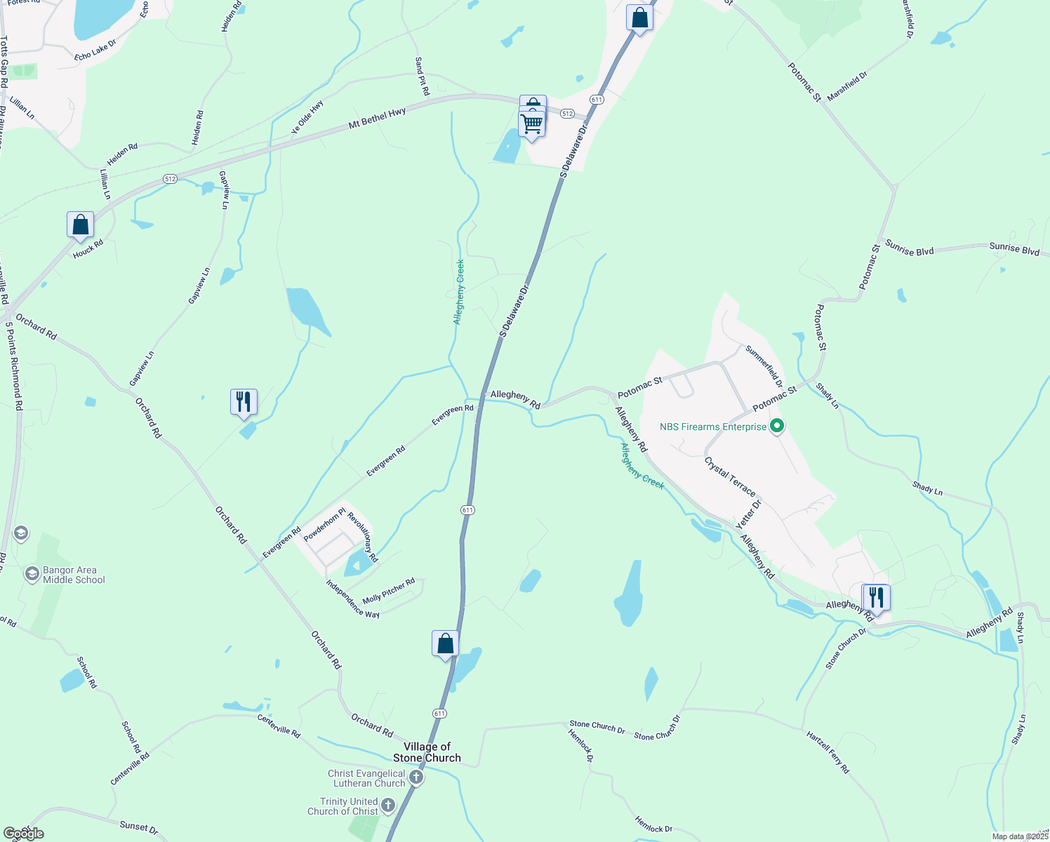 map of restaurants, bars, coffee shops, grocery stores, and more near 7 Allegheny Road in Mount Bethel
