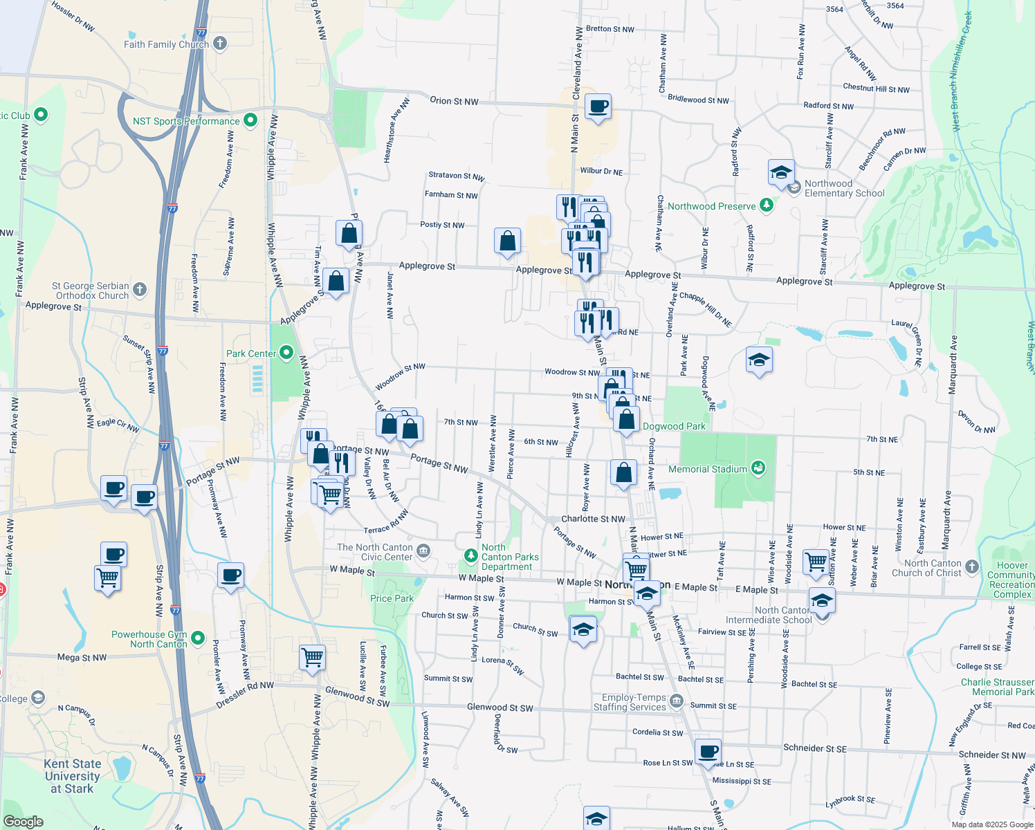 map of restaurants, bars, coffee shops, grocery stores, and more near 710 Pierce Ave NW in North Canton