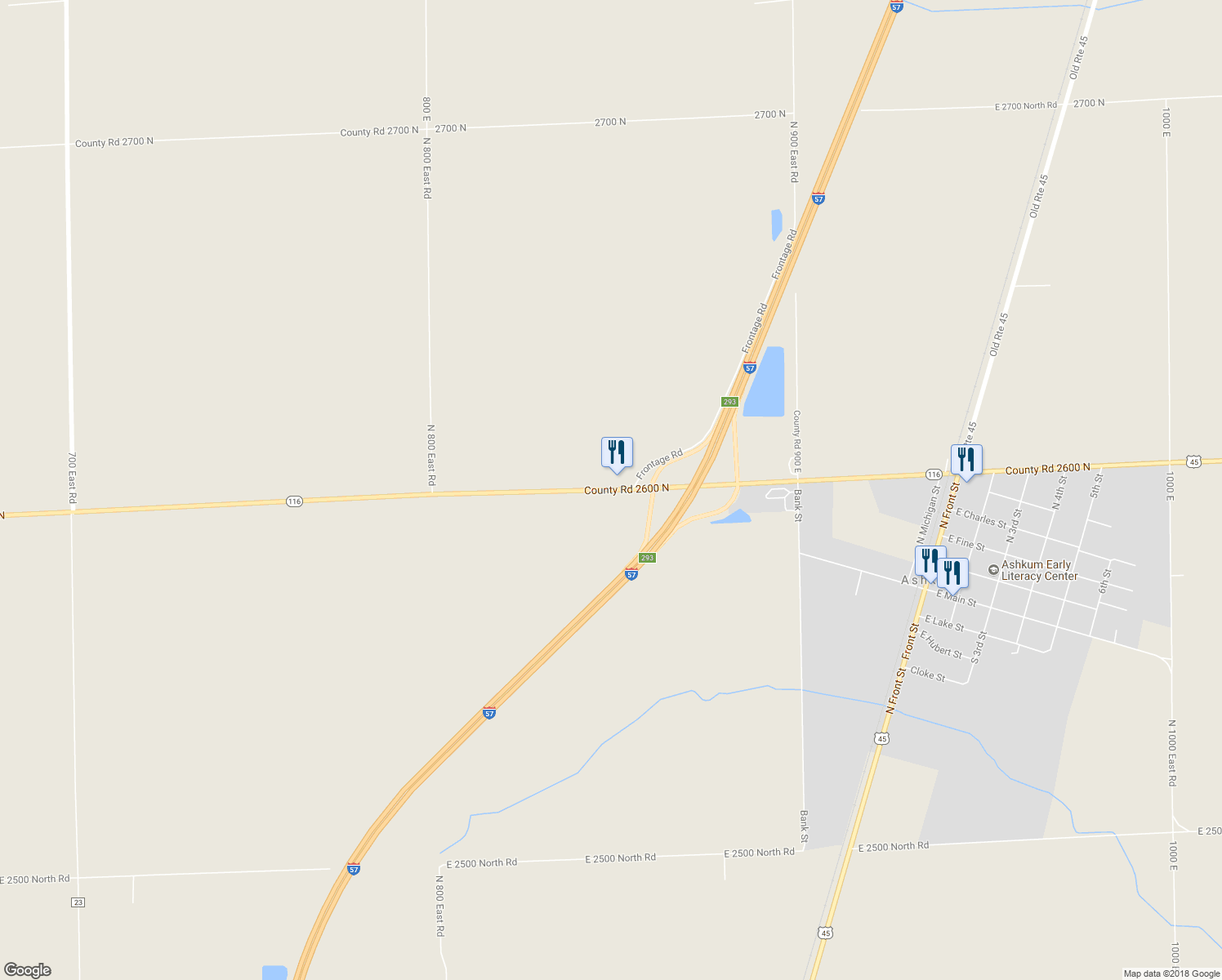 map of restaurants, bars, coffee shops, grocery stores, and more near 940 Illinois 116 in Ashkum