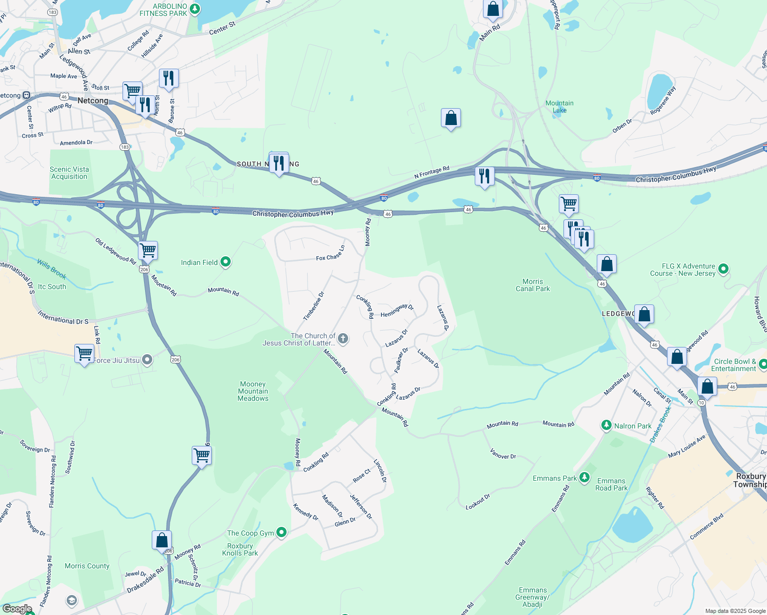 map of restaurants, bars, coffee shops, grocery stores, and more near 5 Bukiet Court in Roxbury Township