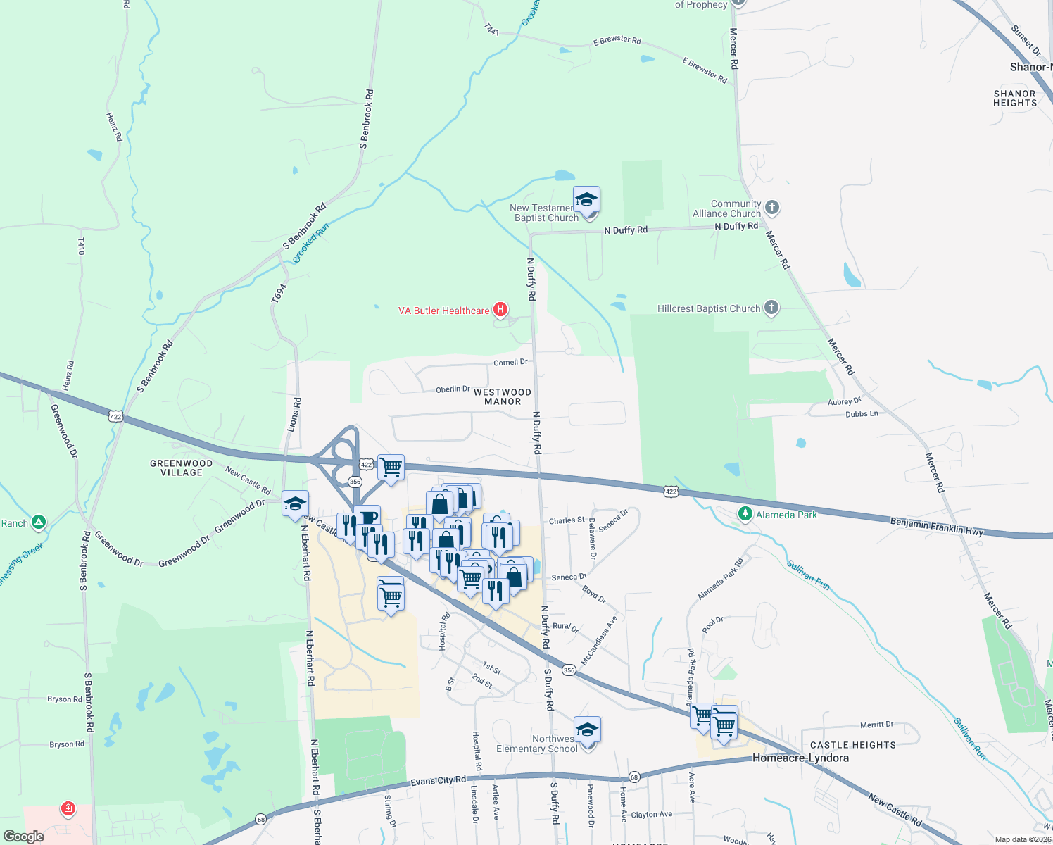 map of restaurants, bars, coffee shops, grocery stores, and more near 267 North Duffy Road in Butler