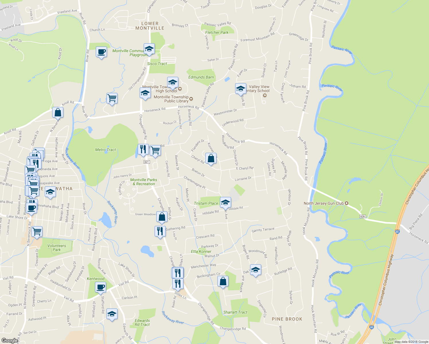 map of restaurants, bars, coffee shops, grocery stores, and more near 3 Cheryl Rd in Montville
