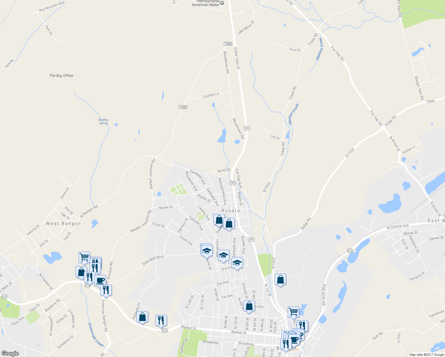 map of restaurants, bars, coffee shops, grocery stores, and more near 717 Pennsylvania Ave in Roseto