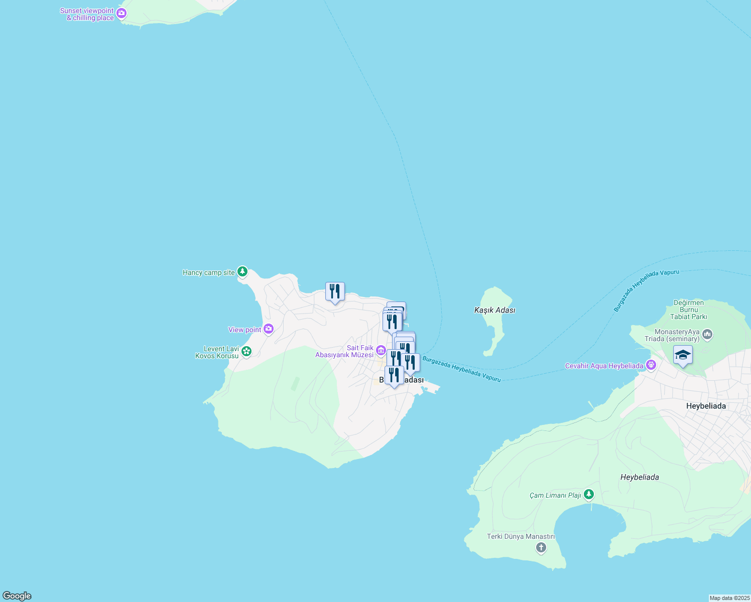 map of restaurants, bars, coffee shops, grocery stores, and more near 63/1 Gezinti Yolu Caddesi in Adalar