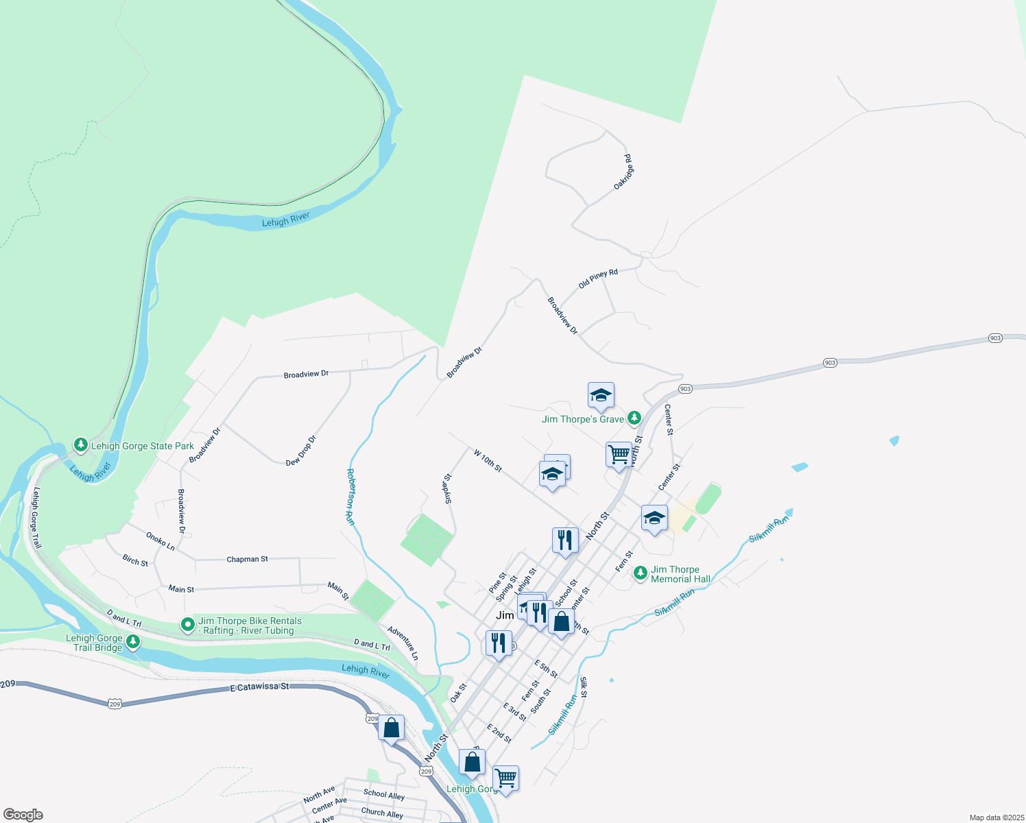 map of restaurants, bars, coffee shops, grocery stores, and more near 187 W 13th St in Jim Thorpe