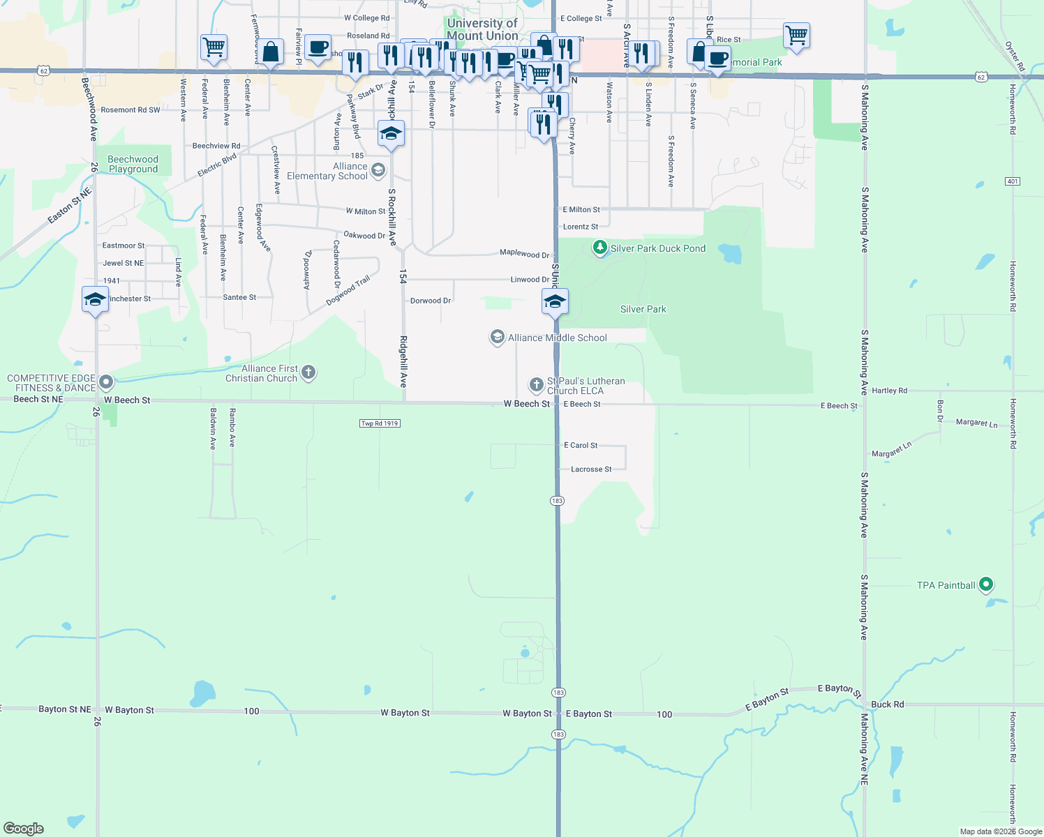 map of restaurants, bars, coffee shops, grocery stores, and more near 110 West Beech Street in Alliance