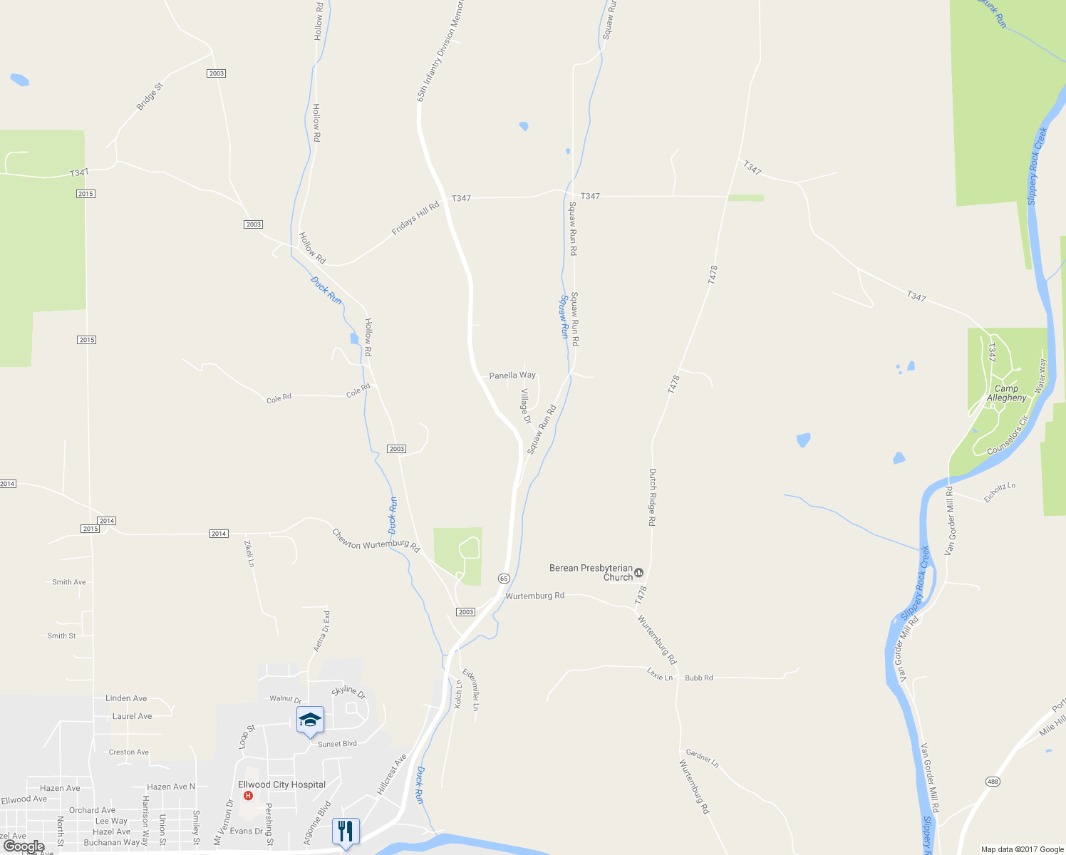 map of restaurants, bars, coffee shops, grocery stores, and more near 196 Village Drive in Ellwood City