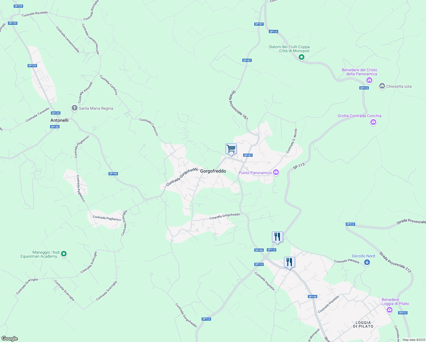 map of restaurants, bars, coffee shops, grocery stores, and more near 146 Contrada Gorgofreddo in Gorgofreddo