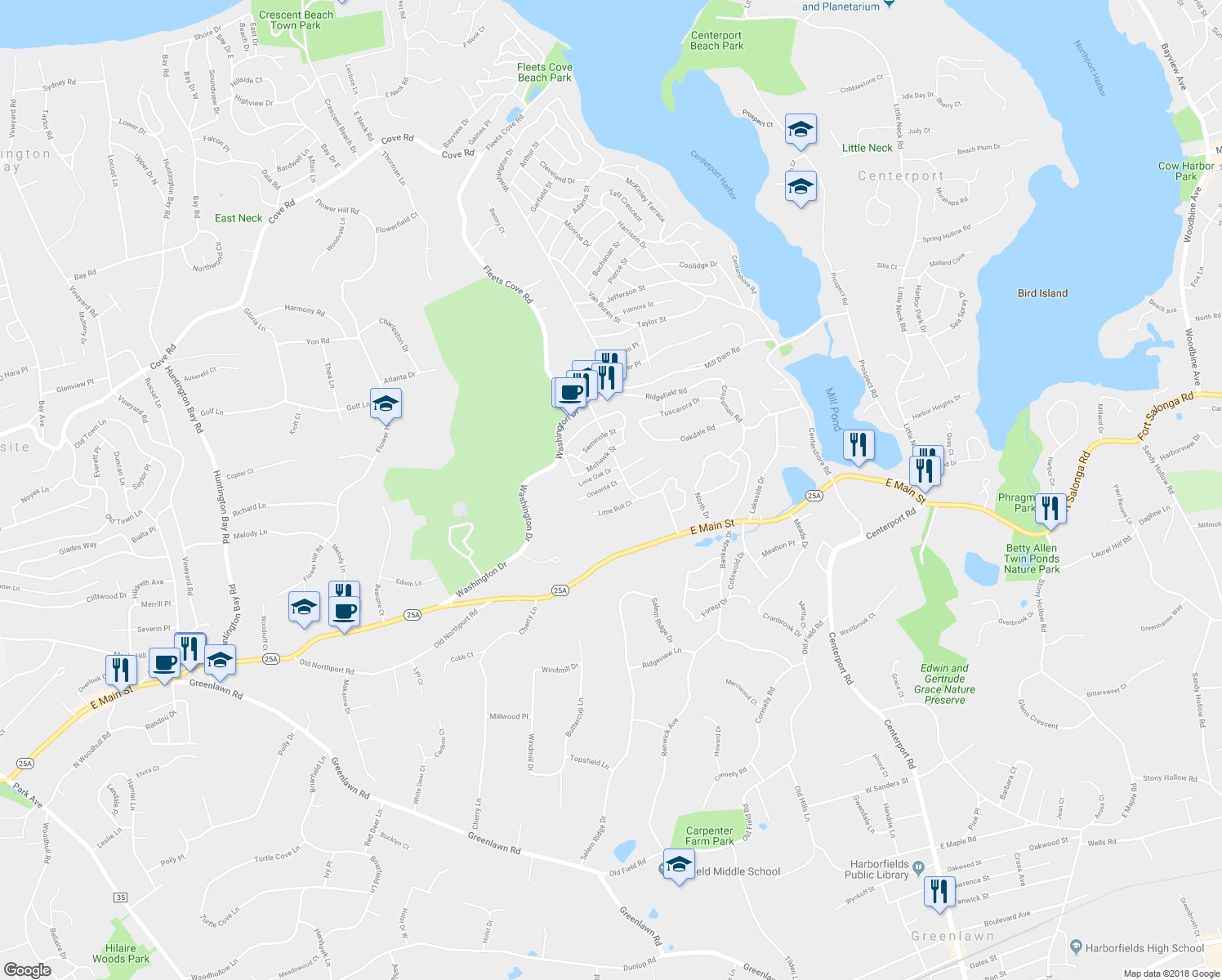 map of restaurants, bars, coffee shops, grocery stores, and more near 6 Oneonta Court in Centerport