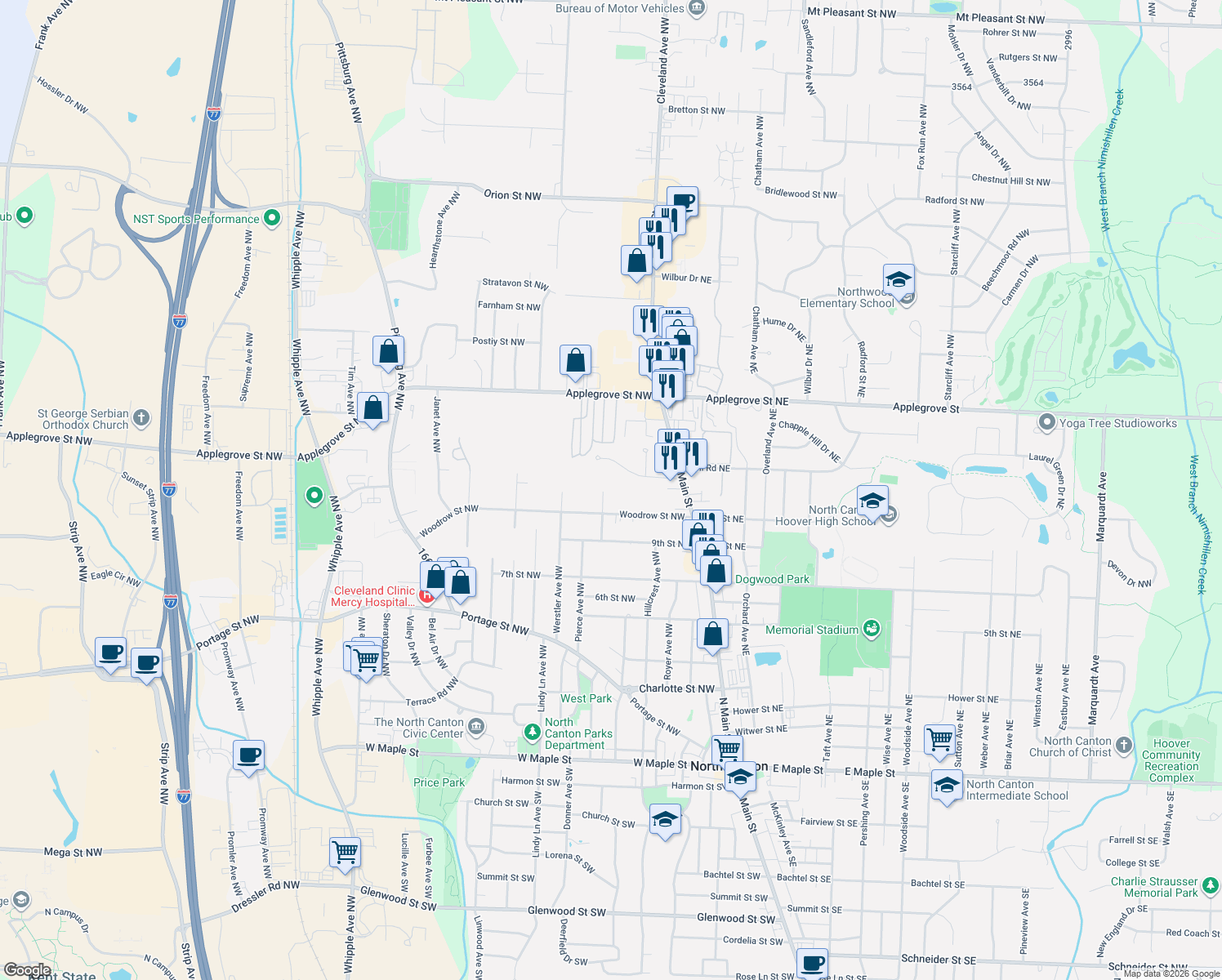 map of restaurants, bars, coffee shops, grocery stores, and more near 1030 Pierce Ave NW in North Canton