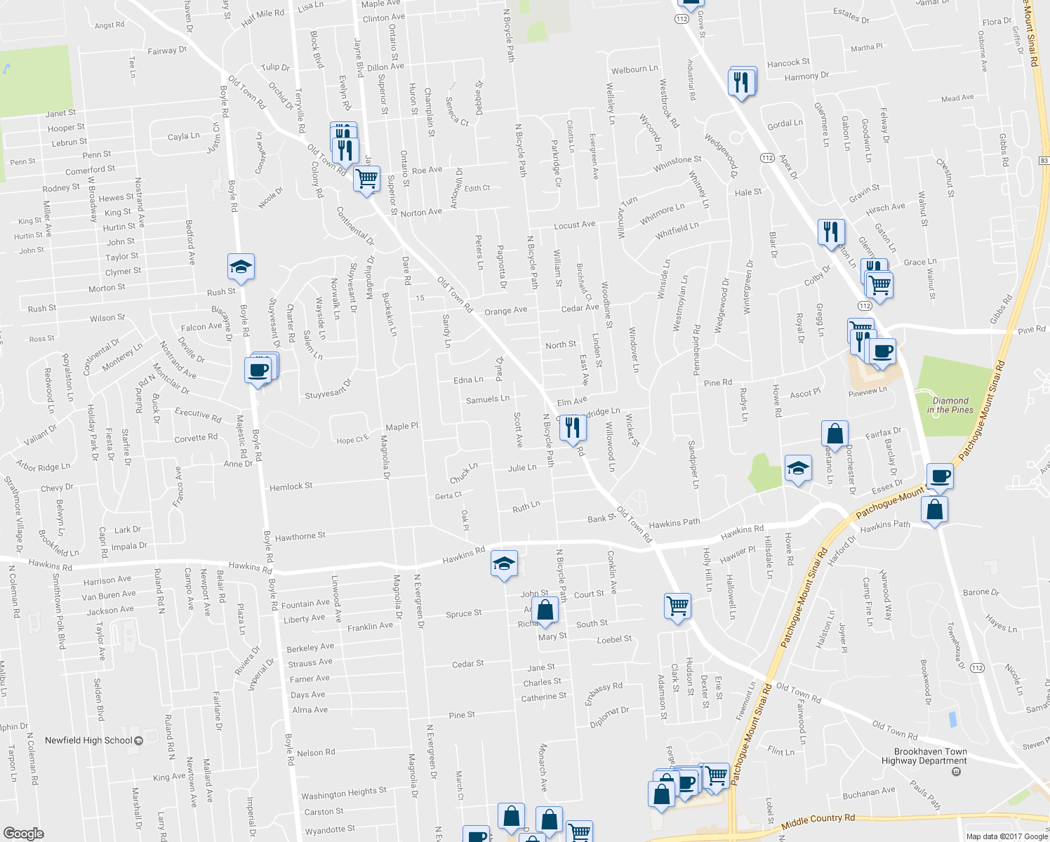 map of restaurants, bars, coffee shops, grocery stores, and more near 17 Scott Avenue in Selden