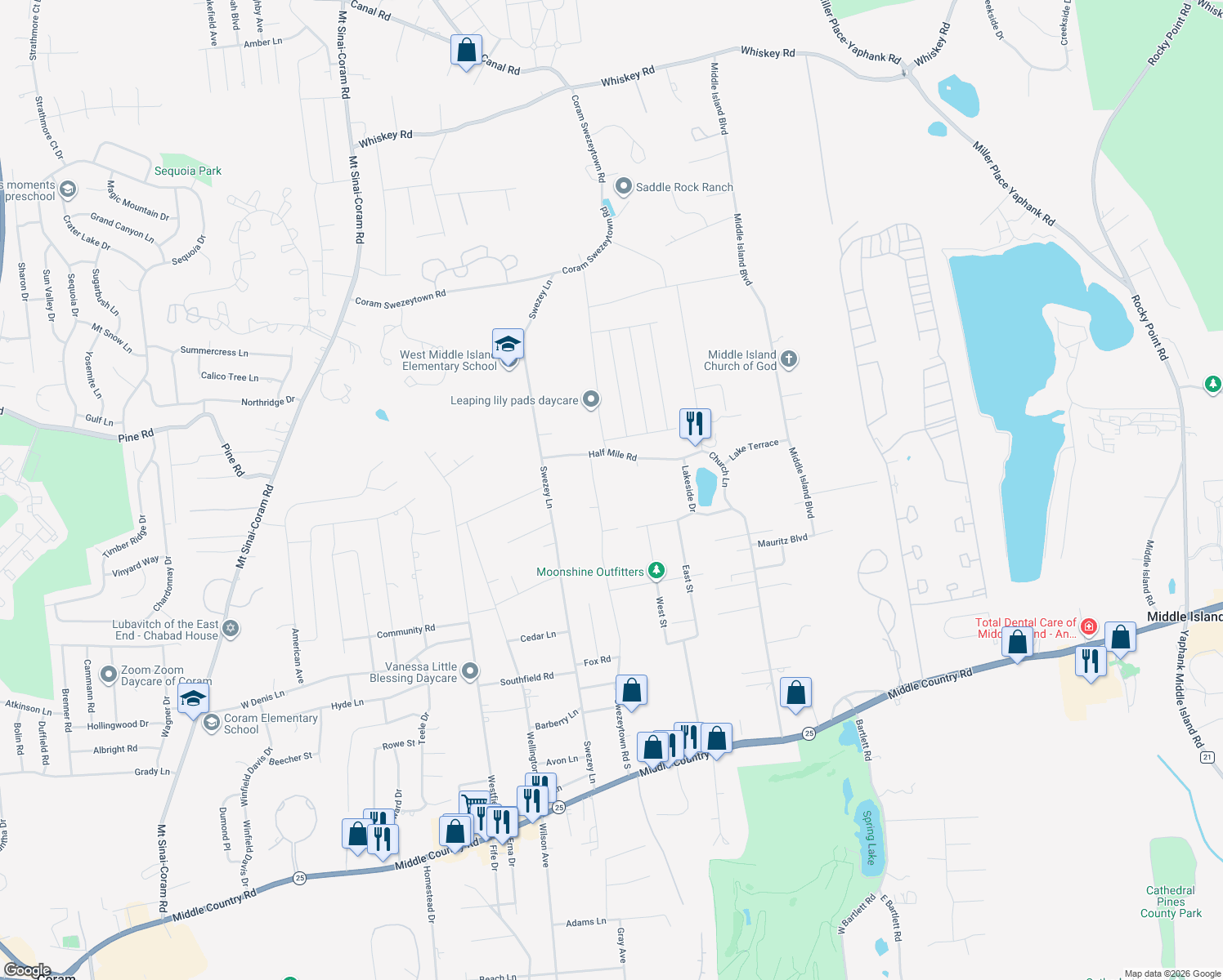 map of restaurants, bars, coffee shops, grocery stores, and more near 9 Swezeytown Road South in Middle Island