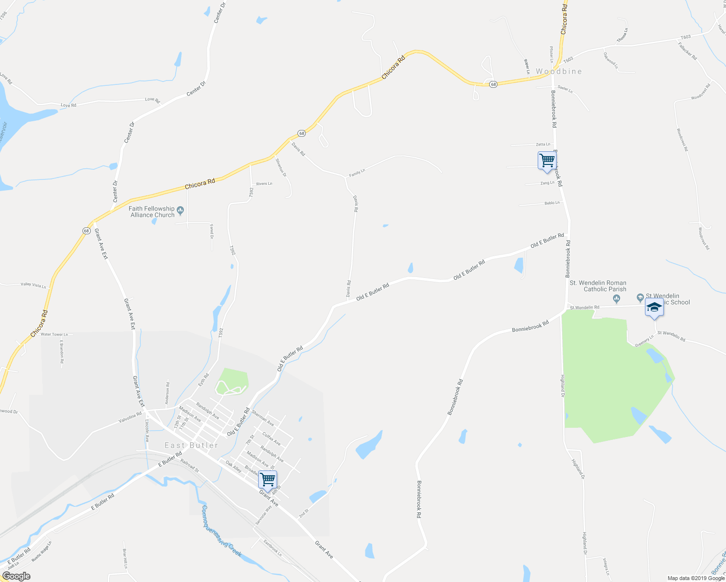 map of restaurants, bars, coffee shops, grocery stores, and more near 231 Old E Butler Road in Butler