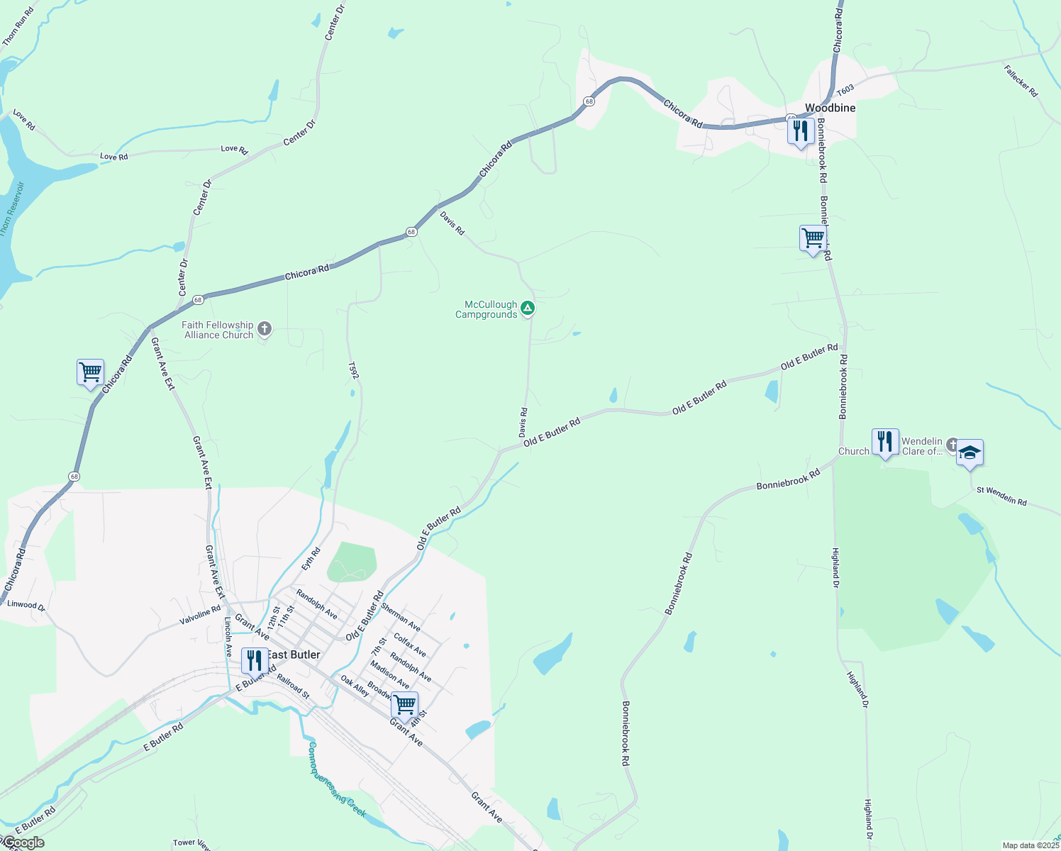 map of restaurants, bars, coffee shops, grocery stores, and more near 231 Old E Butler Road in Butler