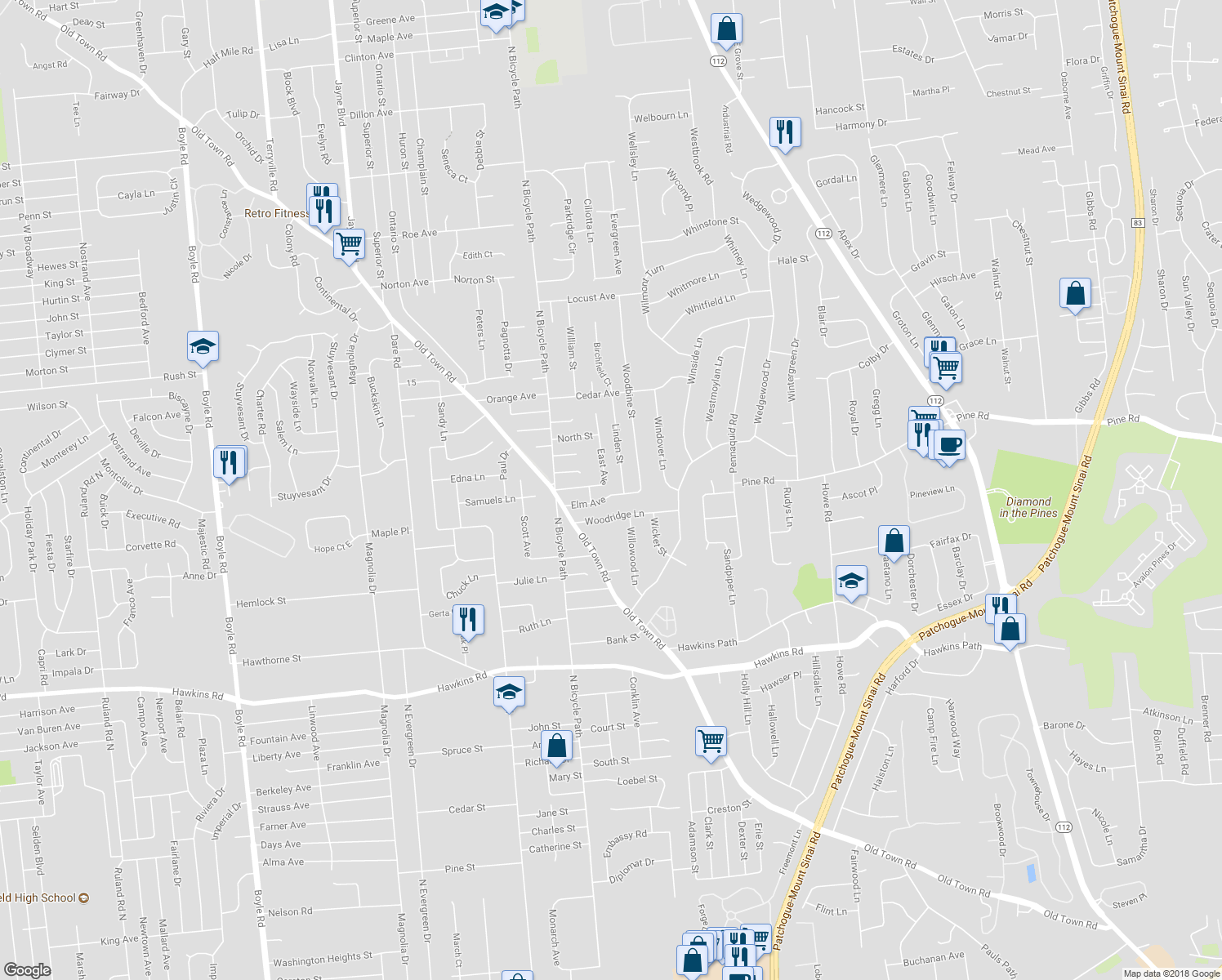 map of restaurants, bars, coffee shops, grocery stores, and more near 60 Elm Avenue in Coram