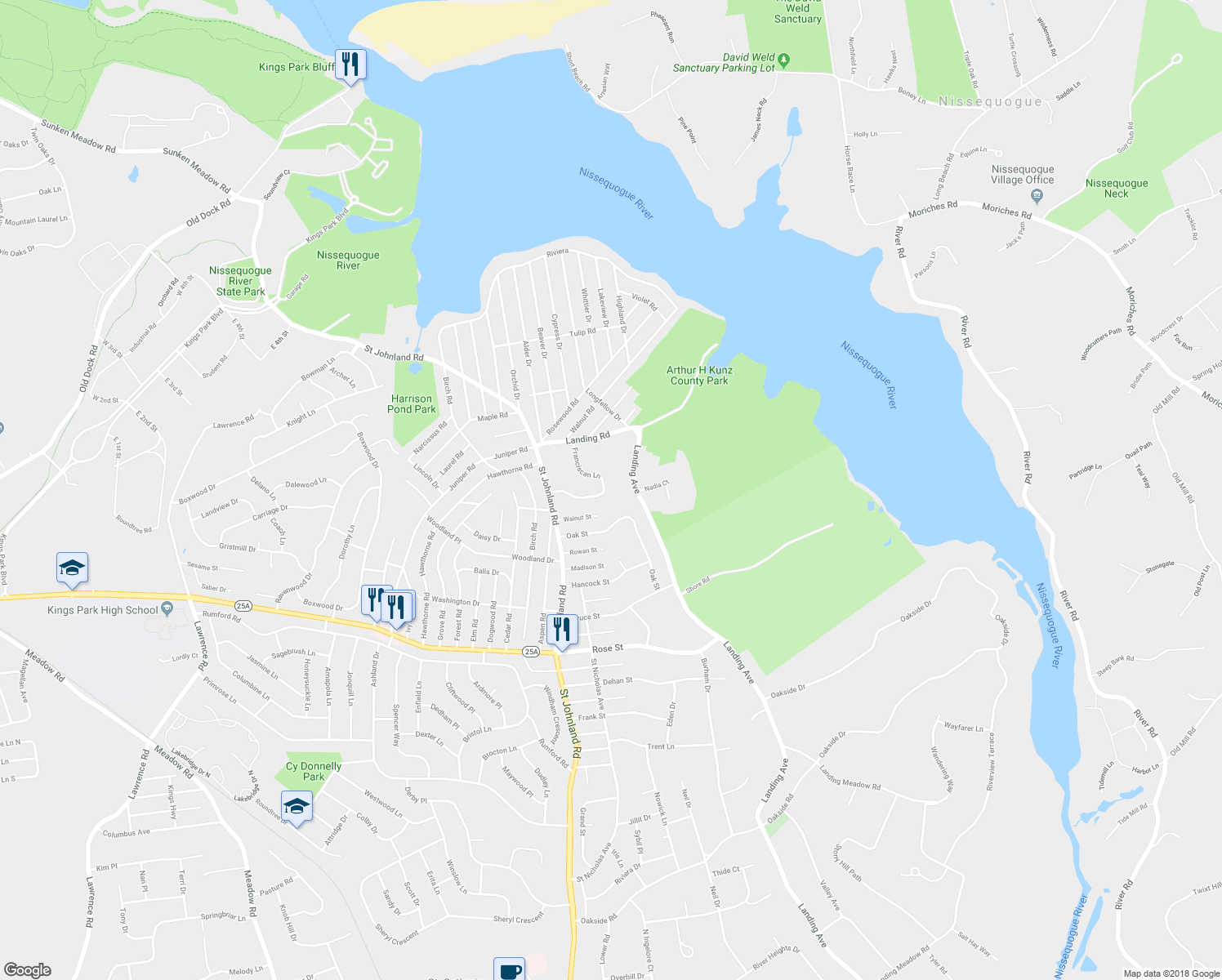 map of restaurants, bars, coffee shops, grocery stores, and more near 24 Franciscan Lane in Smithtown