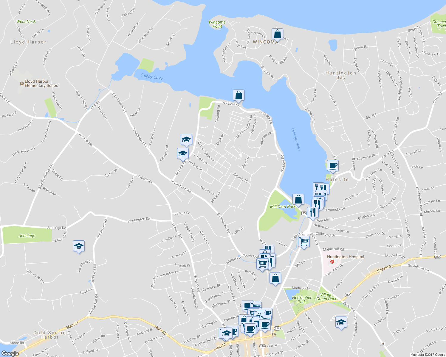 map of restaurants, bars, coffee shops, grocery stores, and more near 31 Drohan Street in Huntington