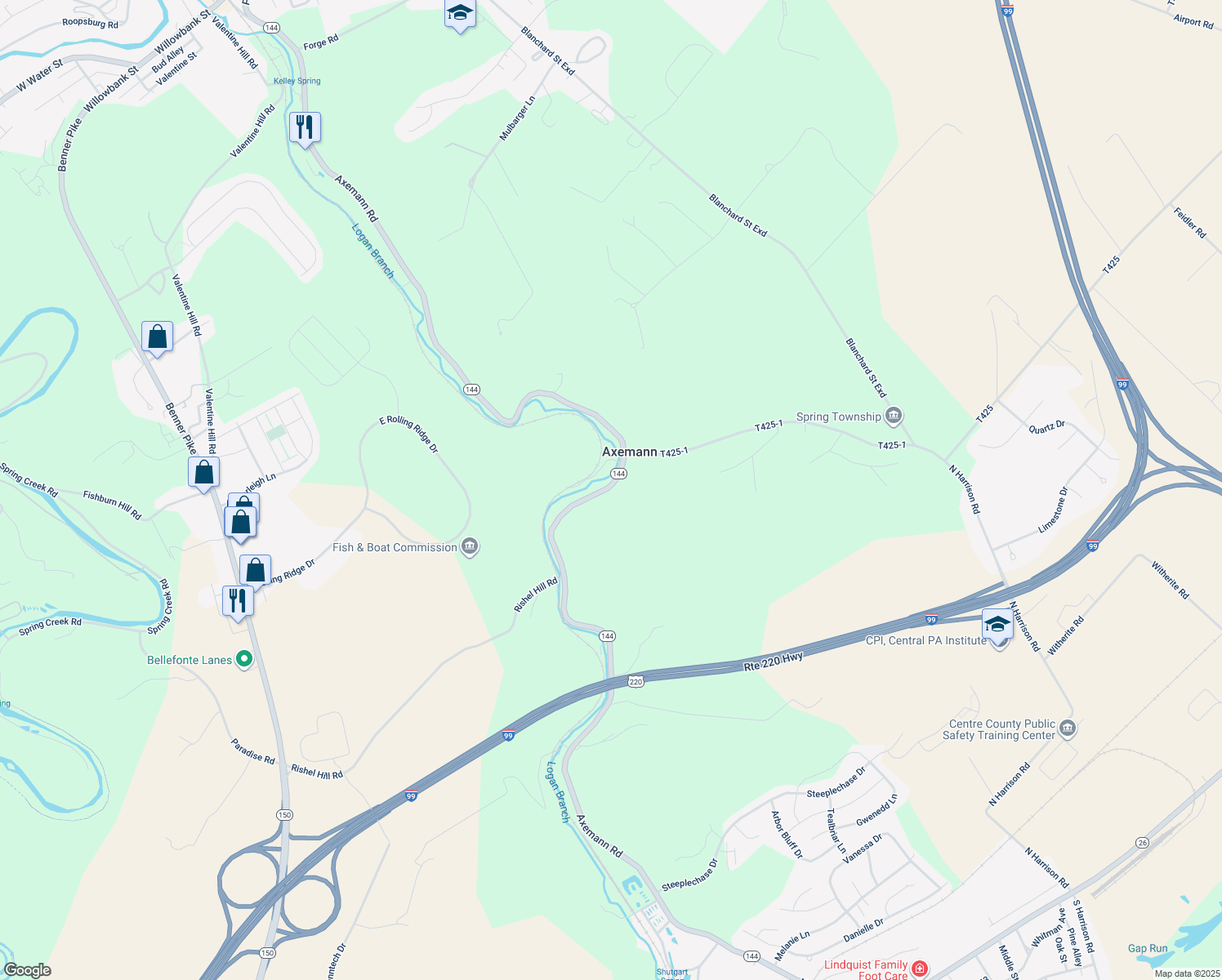 map of restaurants, bars, coffee shops, grocery stores, and more near 1545 Axemann Road in Bellefonte