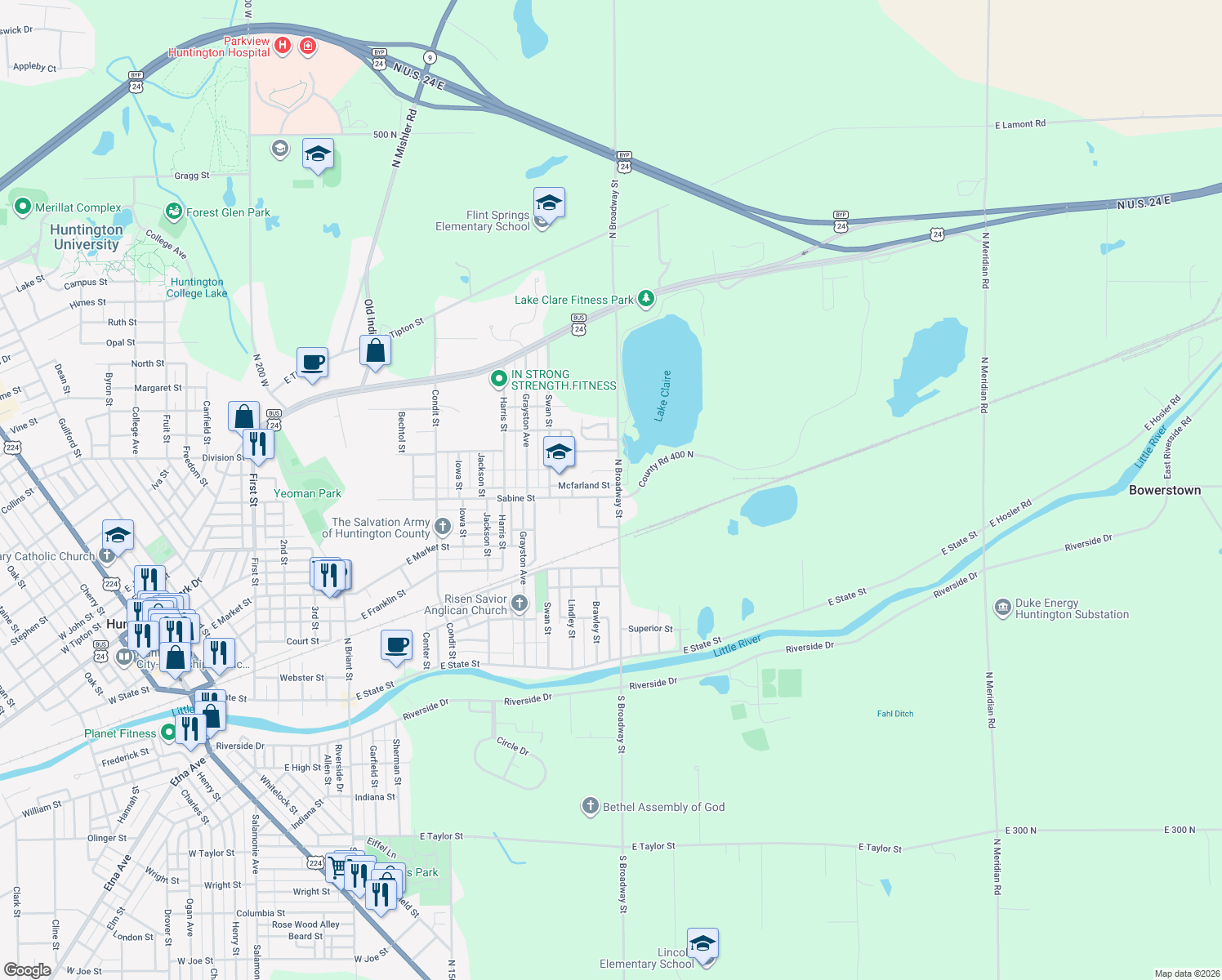 map of restaurants, bars, coffee shops, grocery stores, and more near 2134 Sabine St in Huntington