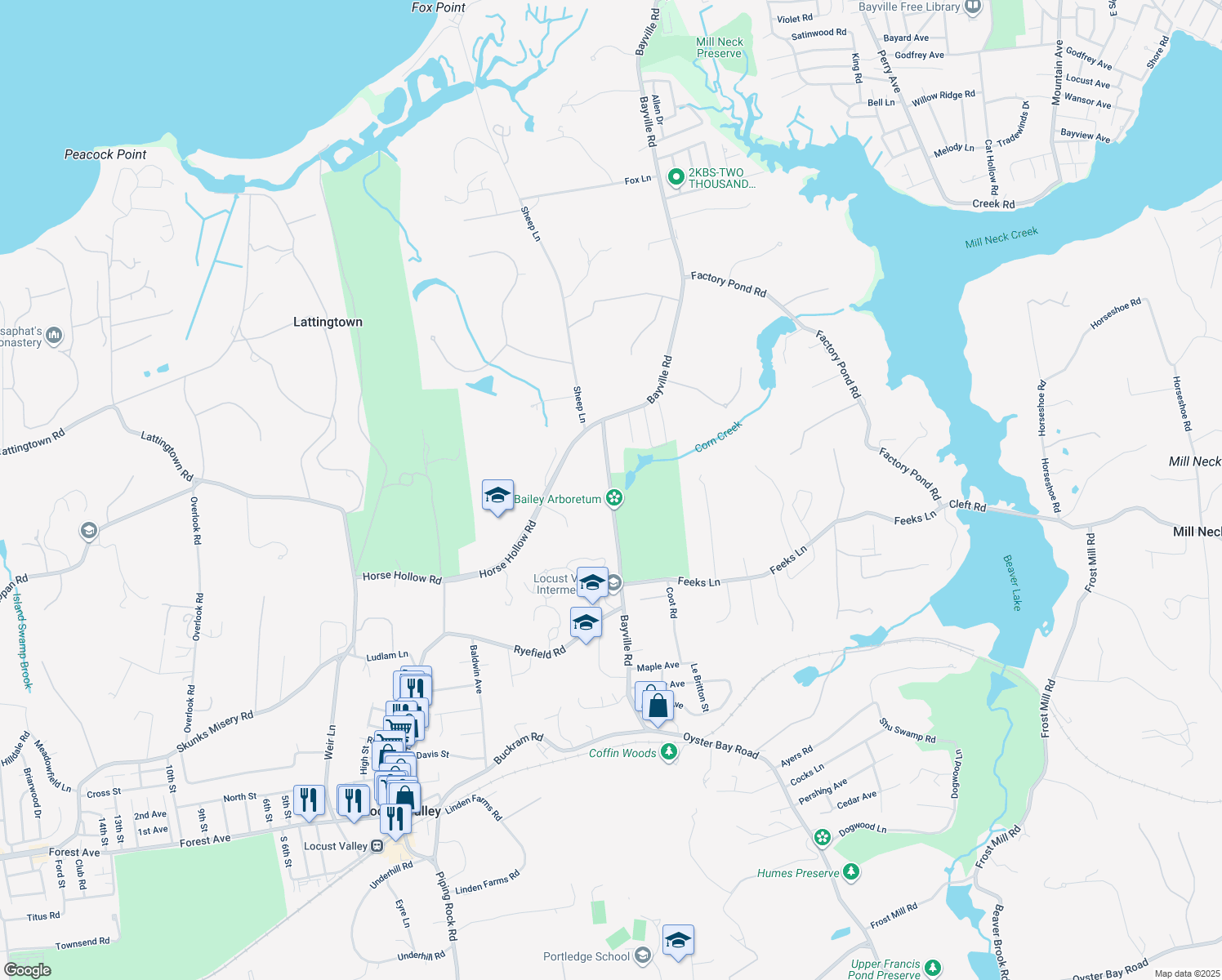 map of restaurants, bars, coffee shops, grocery stores, and more near 222 Bayville Road in Locust Valley