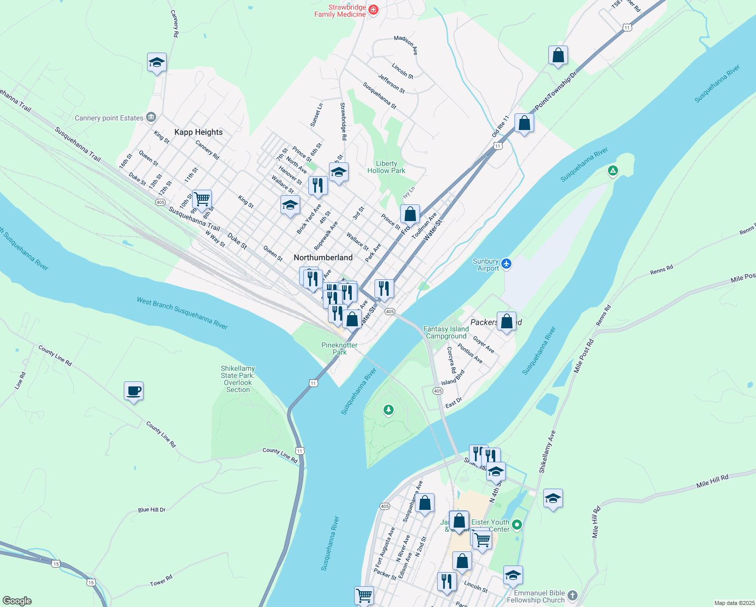 map of restaurants, bars, coffee shops, grocery stores, and more near 49 King St in Northumberland