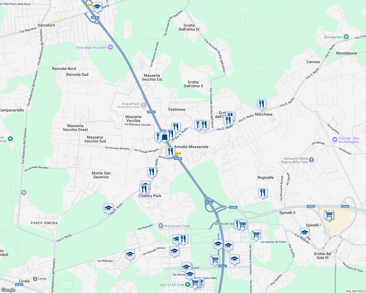 map of restaurants, bars, coffee shops, grocery stores, and more near 795 Via Vicinale Massariola in Amodio-massariola