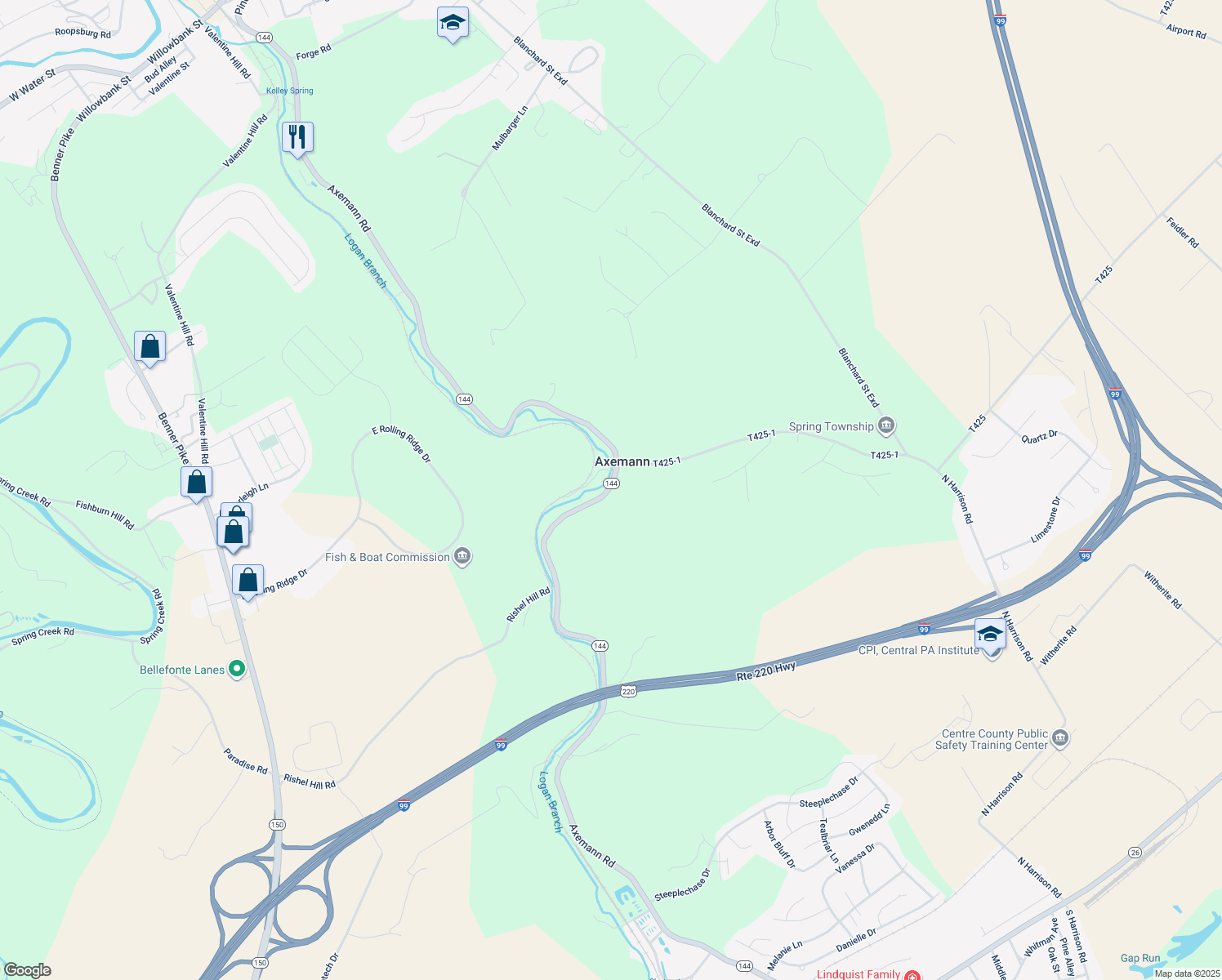 map of restaurants, bars, coffee shops, grocery stores, and more near 1545 Axemann Road in Bellefonte